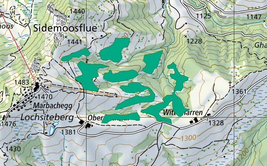 swisstopo national map showing the protected perimeter of Marbachegg (Fen)
