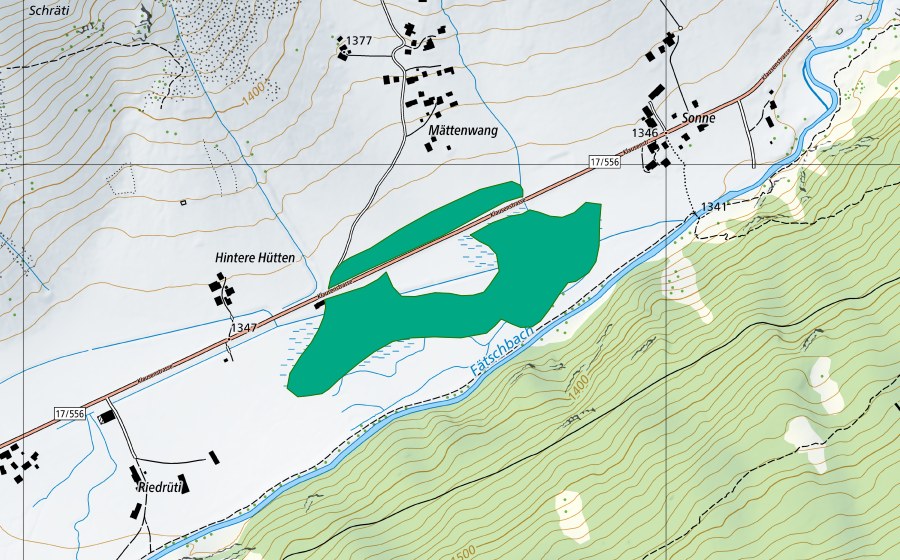 Carte nationale swisstopo avec le périmètre protégé de Mättenwang Urnerboden (Bas-marais)