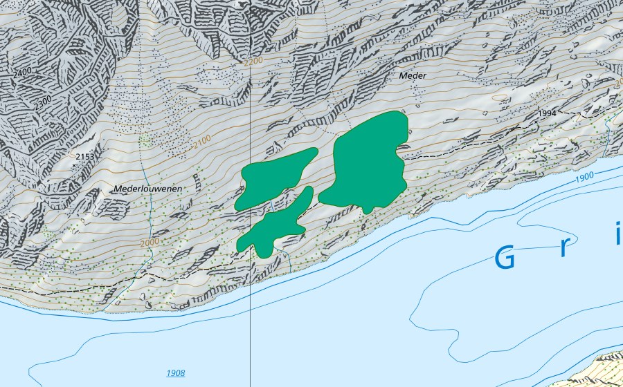 swisstopo national map showing the protected perimeter of Mederlouenen (Fen)