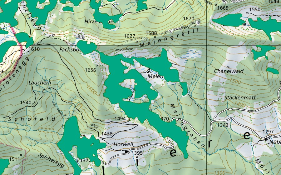 Carte nationale swisstopo avec le périmètre protégé de Meien (Bas-marais)