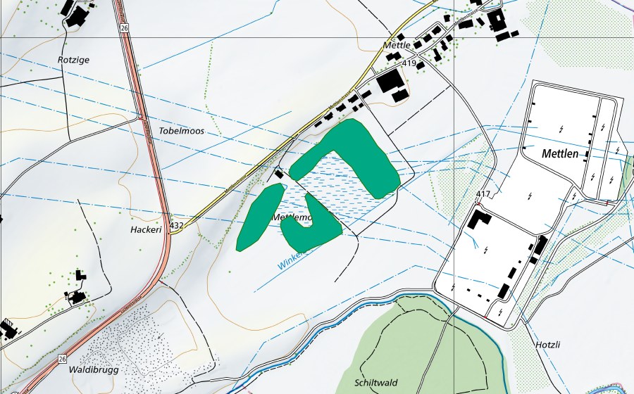 Carte nationale swisstopo avec le périmètre protégé de Mettlenmoos (Bas-marais)