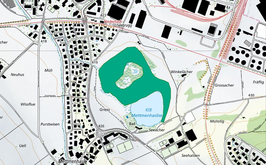 swisstopo national map showing the protected perimeter of Mettmenhasler See (Fen)