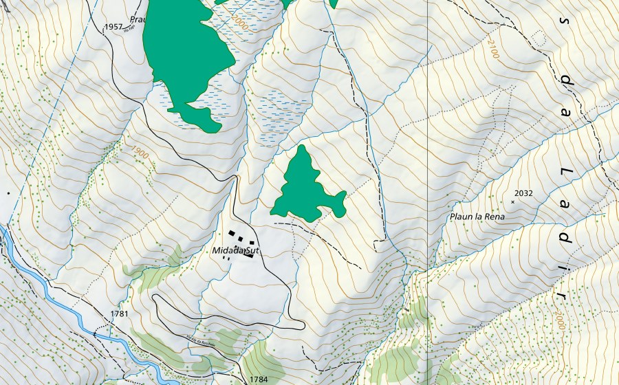 Carte nationale swisstopo avec le périmètre protégé de Midada Sut (Bas-marais)