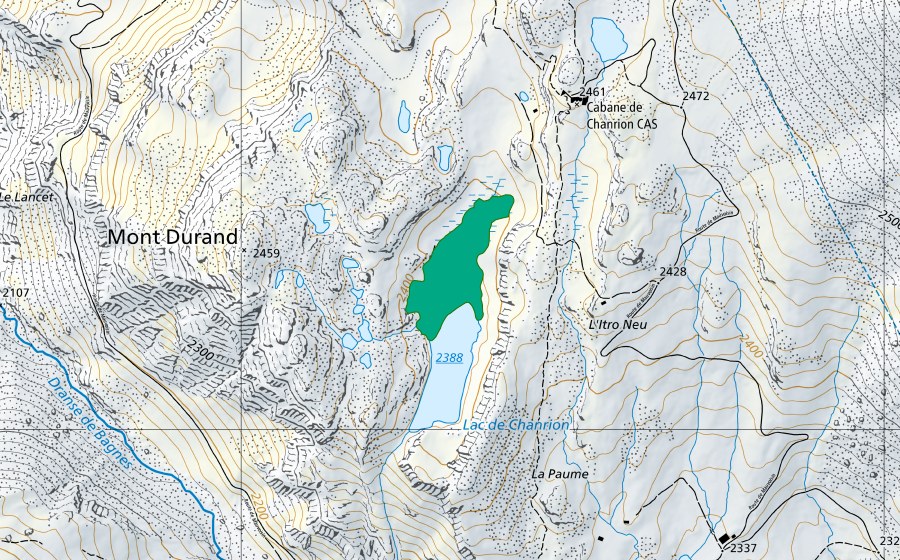 swisstopo national map showing the protected perimeter of Mont Durand (Fen)