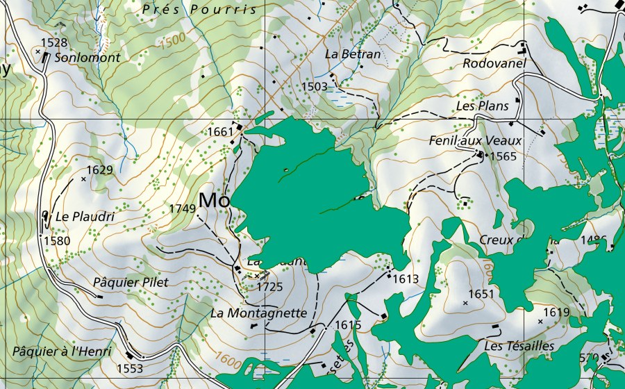 Landeskarte swisstopo mit dem Schutzperimeter von Monts Chevreuils (Flachmoor)