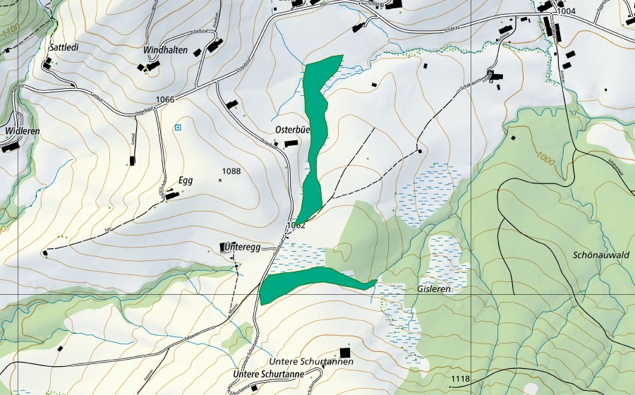Carta nazionale swisstopo con il perimetro protetto di Moor nordwestlich Gisleren/Schönauwald (Torbiera bassa)