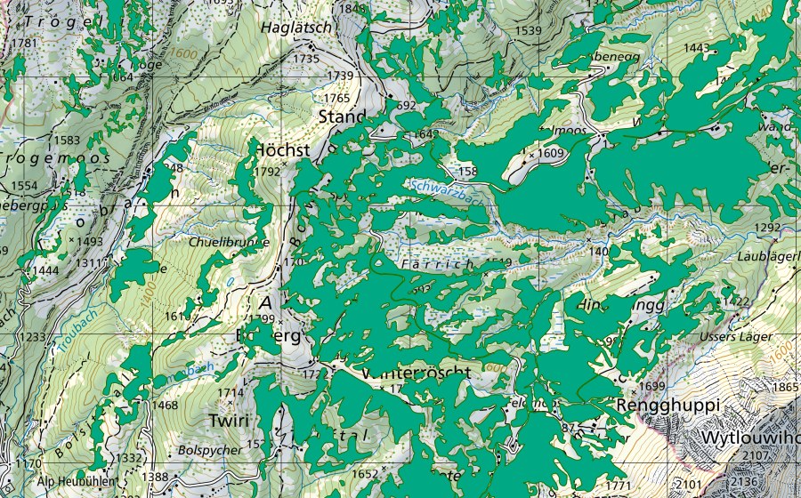 Carta nazionale swisstopo con il perimetro protetto di Moor zwischen Lombachalp und Teufen (Torbiera bassa)