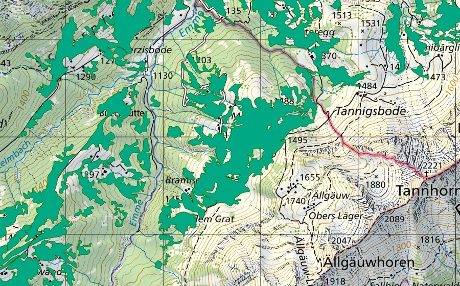 Landeskarte swisstopo mit dem Schutzperimeter von Moor zwischen Mirrenegg und Ällgäu (Flachmoor)