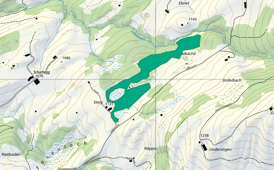swisstopo national map showing the protected perimeter of Moore bei Steig und Schartegg (Fen)