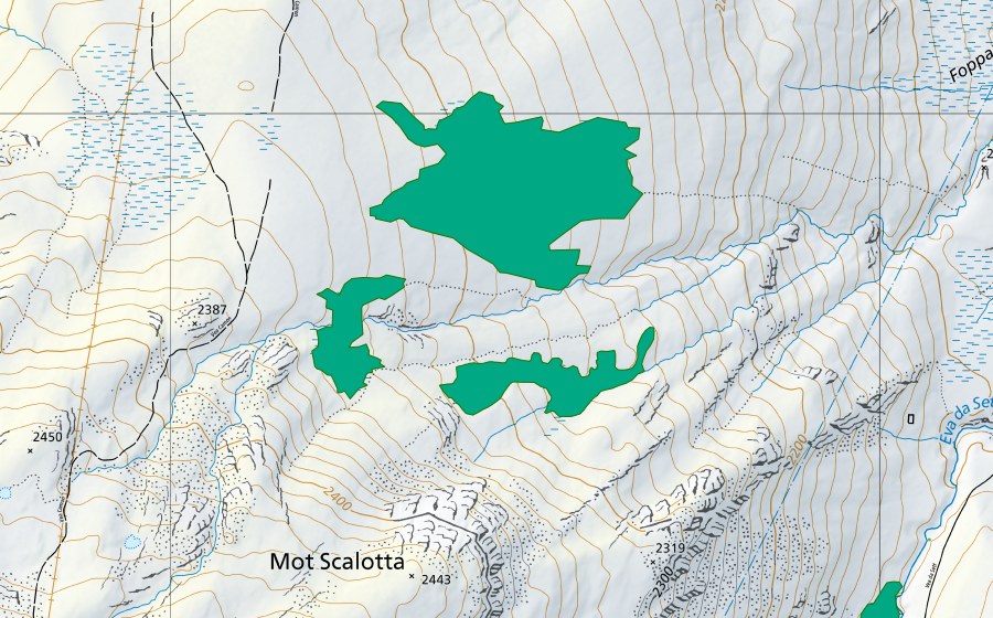 swisstopo national map showing the protected perimeter of Mot Scalotta (Fen)