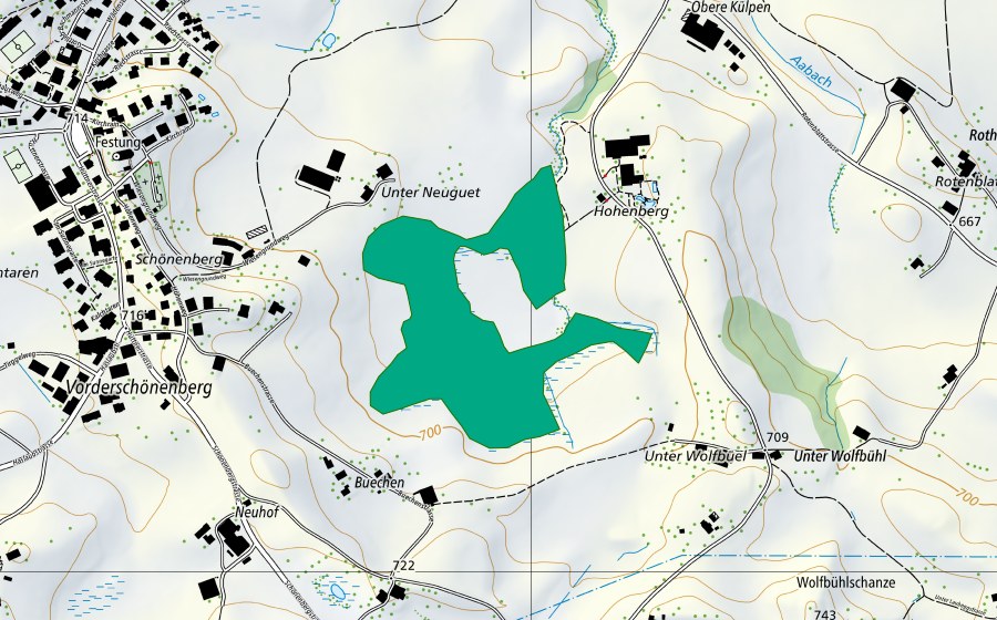 Carte nationale swisstopo avec le périmètre protégé de Mülibachried (Bas-marais)