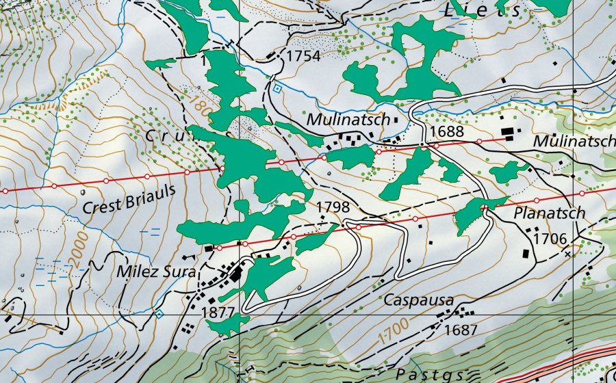 Carte nationale swisstopo avec le périmètre protégé de Mulinatsch (Bas-marais)