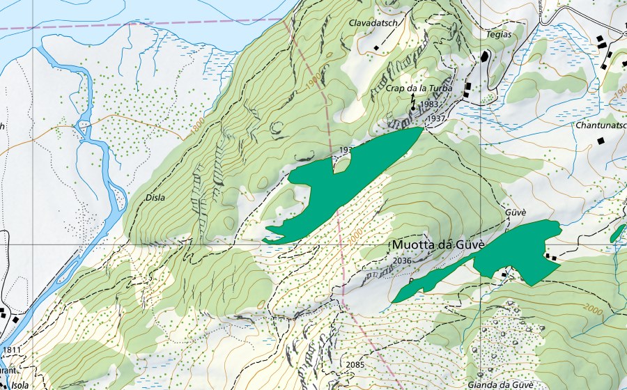 Carte nationale swisstopo avec le périmètre protégé de Muotta da Güvè/Chantunatsch (Bas-marais)