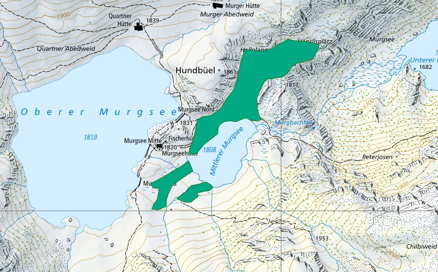 swisstopo national map showing the protected perimeter of Murgsee (Fen)