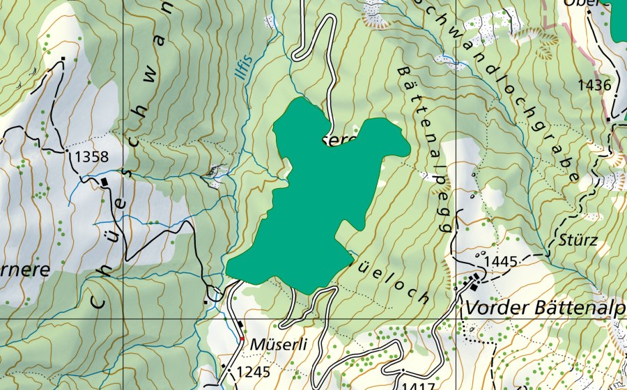 Landeskarte swisstopo mit dem Schutzperimeter von Müseren (Flachmoor)