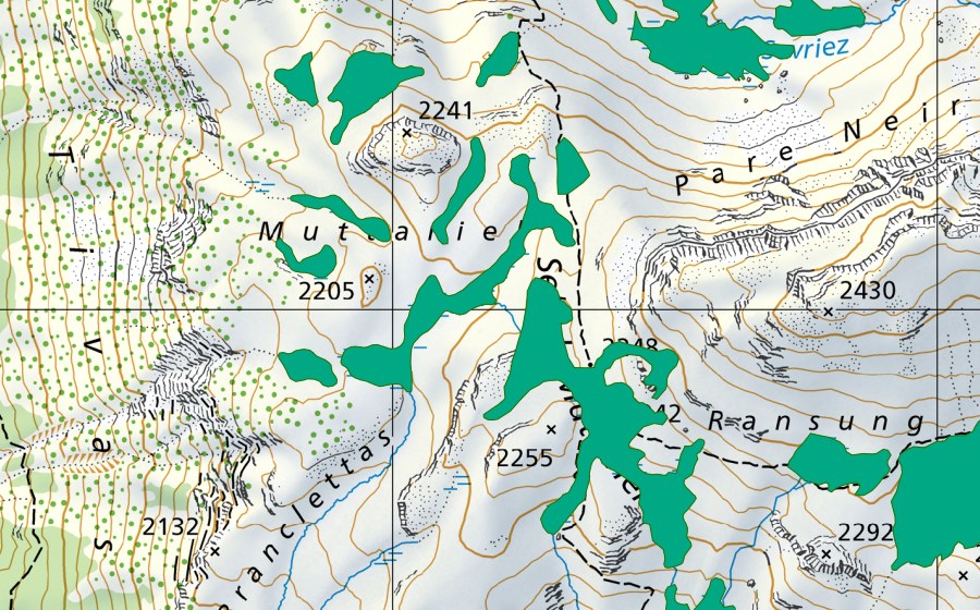 Landeskarte swisstopo mit dem Schutzperimeter von Muttariel (Flachmoor)