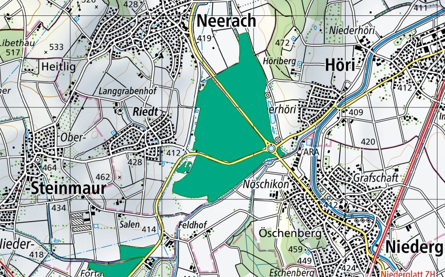 Carte nationale swisstopo avec le périmètre protégé de Neeracher Riet (Bas-marais)