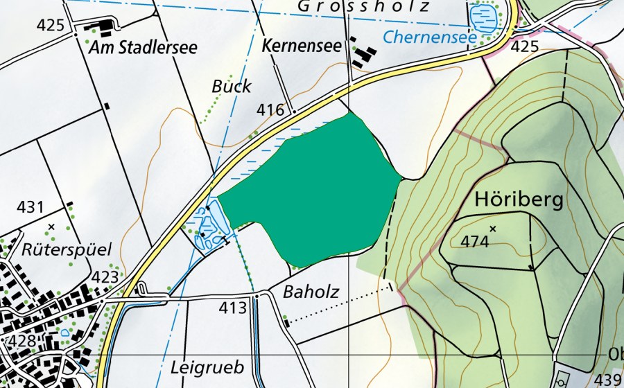 swisstopo national map showing the protected perimeter of Neerer See (Fen)