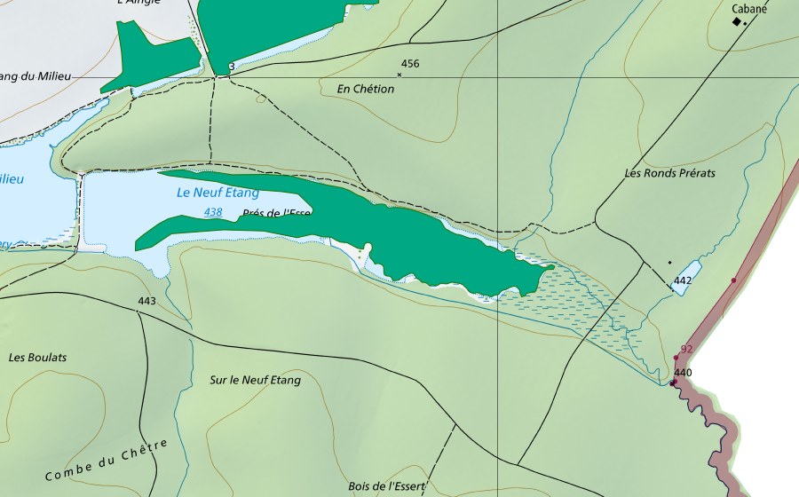Carte nationale swisstopo avec le périmètre protégé de Neuf Etang (Bas-marais)