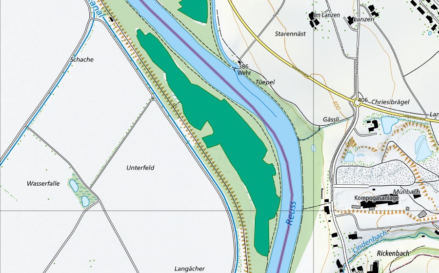 Carte nationale swisstopo avec le périmètre protégé de Neuland (Bas-marais)
