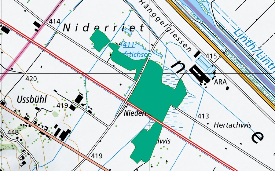 Carte nationale swisstopo avec le périmètre protégé de Niderriet (Bas-marais)