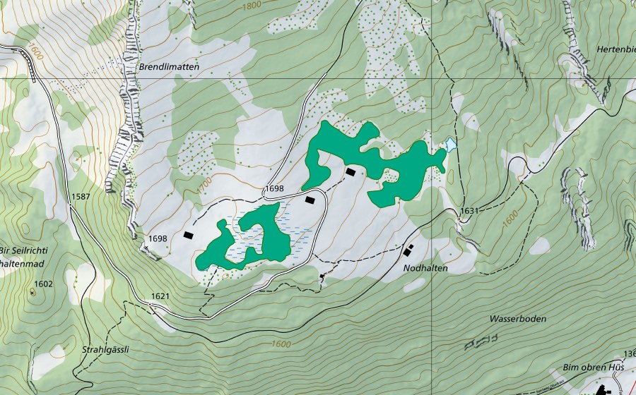 Carte nationale swisstopo avec le périmètre protégé de Nodhalten (Bas-marais)