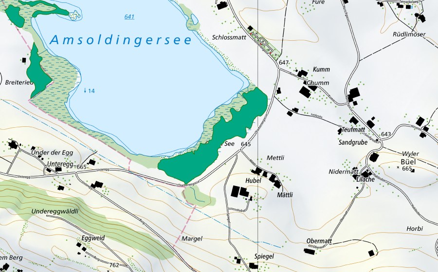 swisstopo national map showing the protected perimeter of Obem See (Fen)