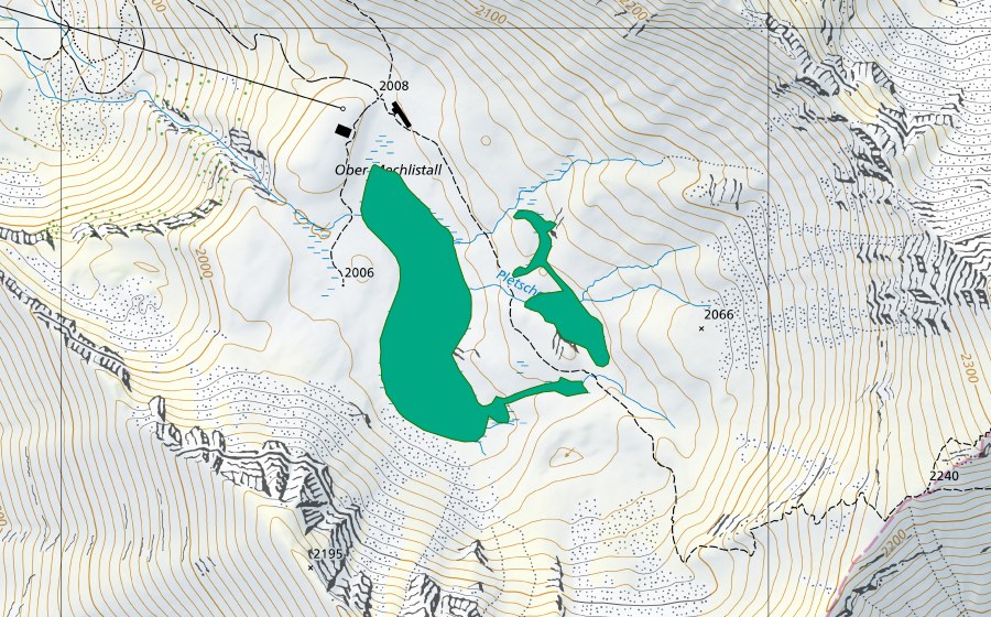 swisstopo national map showing the protected perimeter of Ober Mechlistall (Fen)