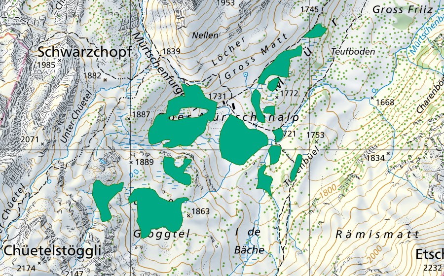 swisstopo national map showing the protected perimeter of Ober Mürtschen (Fen)
