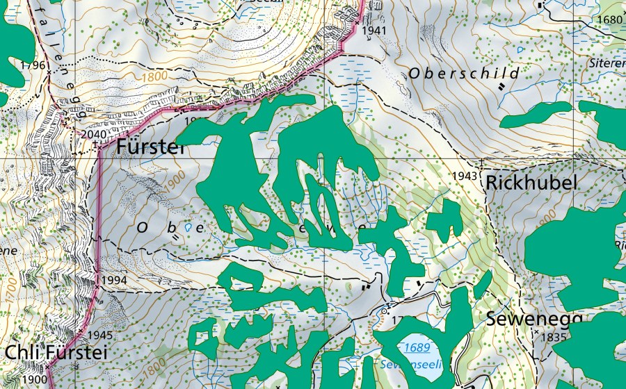 swisstopo national map showing the protected perimeter of Ober Sewen (Fen)