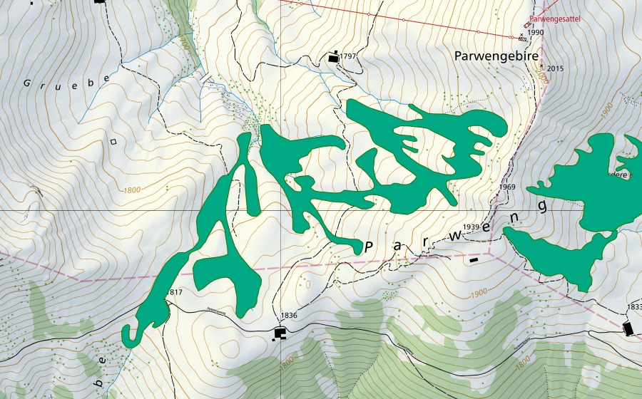 Carte nationale swisstopo avec le périmètre protégé de Obere Chaltebrunne (Bas-marais)