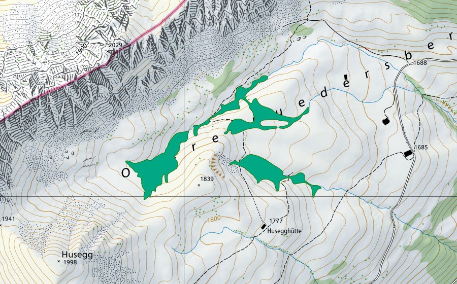 Carte nationale swisstopo avec le périmètre protégé de Obere Ruedersberg (Bas-marais)