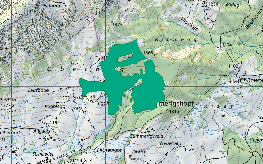 swisstopo national map showing the protected perimeter of Oberhag/Müselen/Langriet (Fen)