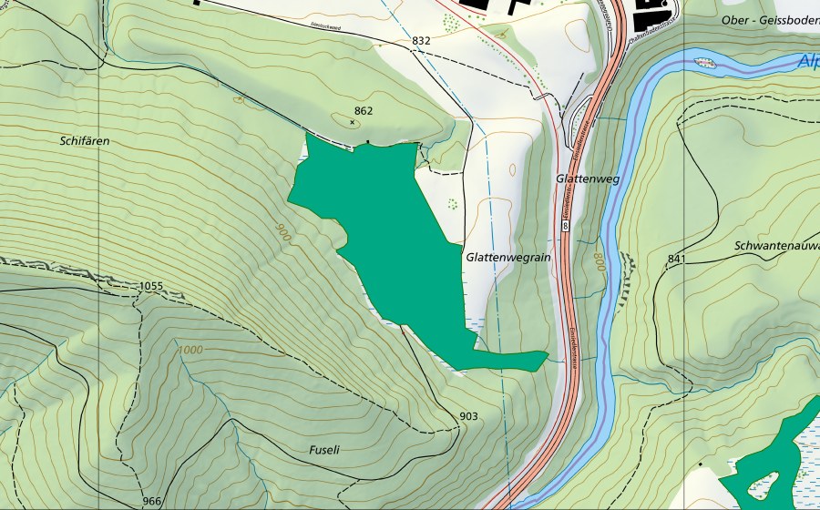 Carte nationale swisstopo avec le périmètre protégé de Obermoos (Bas-marais)