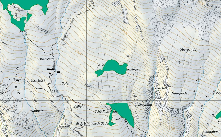 swisstopo national map showing the protected perimeter of Oberplatta (Fen)