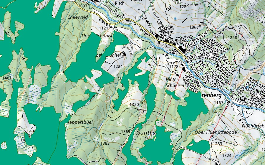 swisstopo national map showing the protected perimeter of Ochsenweid/Schwand/Gwün (Fen)