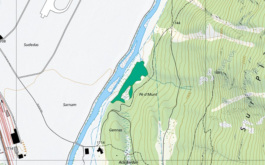 swisstopo national map showing the protected perimeter of Pè d'Munt/Pradè (Fen)