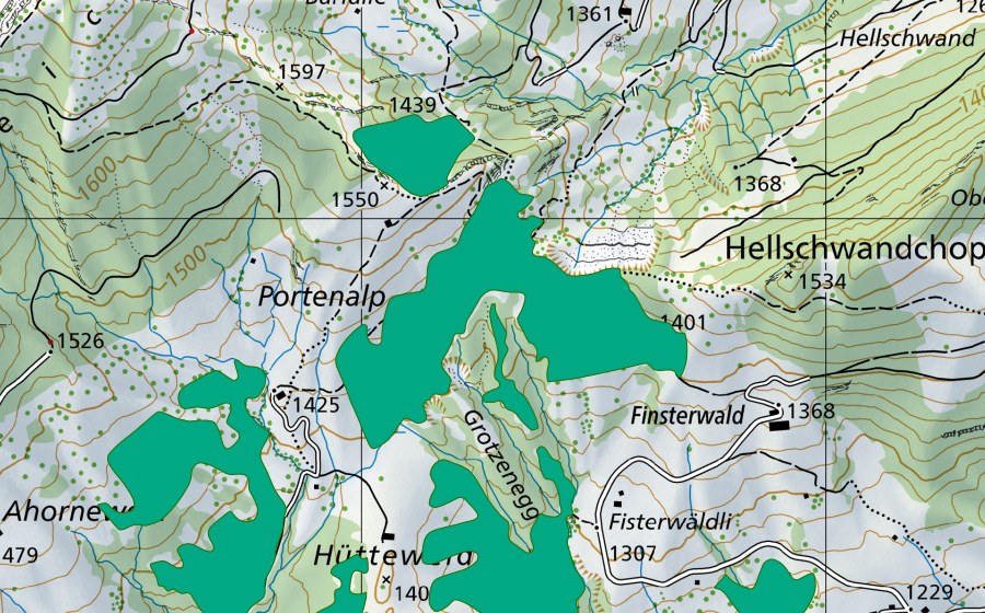 Carte nationale swisstopo avec le périmètre protégé de Portenalp (Bas-marais)