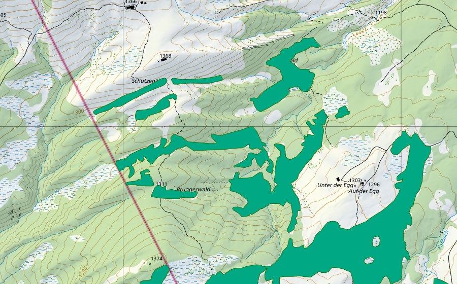 Carte nationale swisstopo avec le périmètre protégé de Potersalp (Bas-marais)