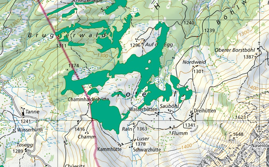 swisstopo national map showing the protected perimeter of Potersalp (Fen)