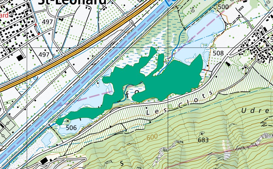 Carte nationale swisstopo avec le périmètre protégé de Poutafontana (Bas-marais)