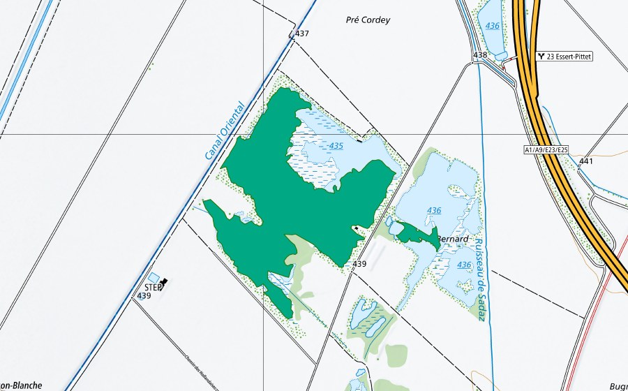swisstopo national map showing the protected perimeter of Pré Bernard (Fen)