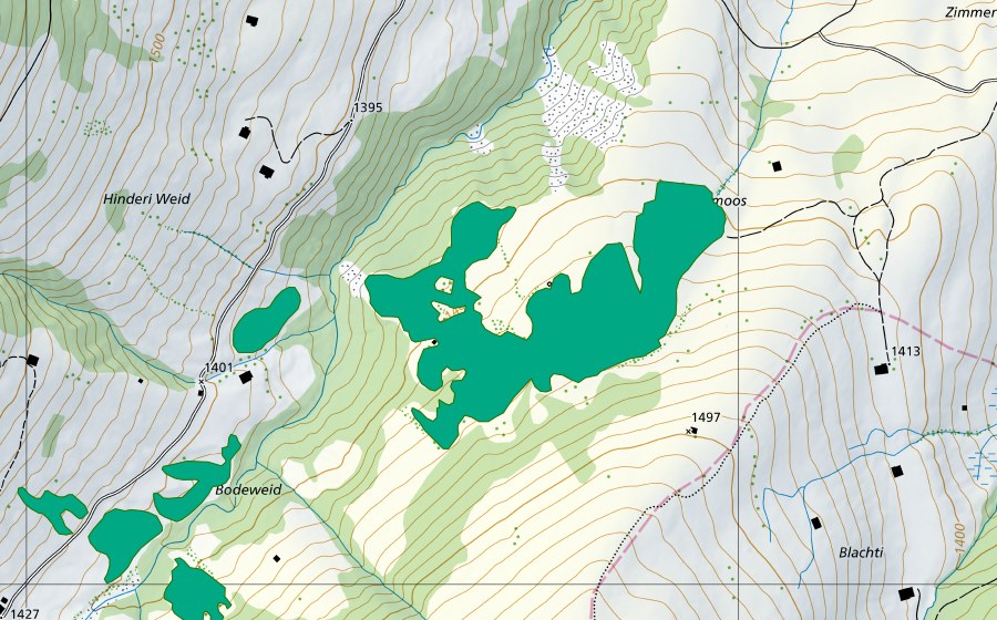 Carte nationale swisstopo avec le périmètre protégé de Rägemoos (Bas-marais)