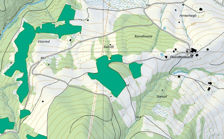 Carte nationale swisstopo avec le périmètre protégé de Rainli (Bas-marais)