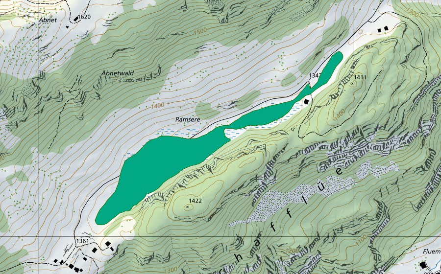 Landeskarte swisstopo mit dem Schutzperimeter von Ramsere (Flachmoor)