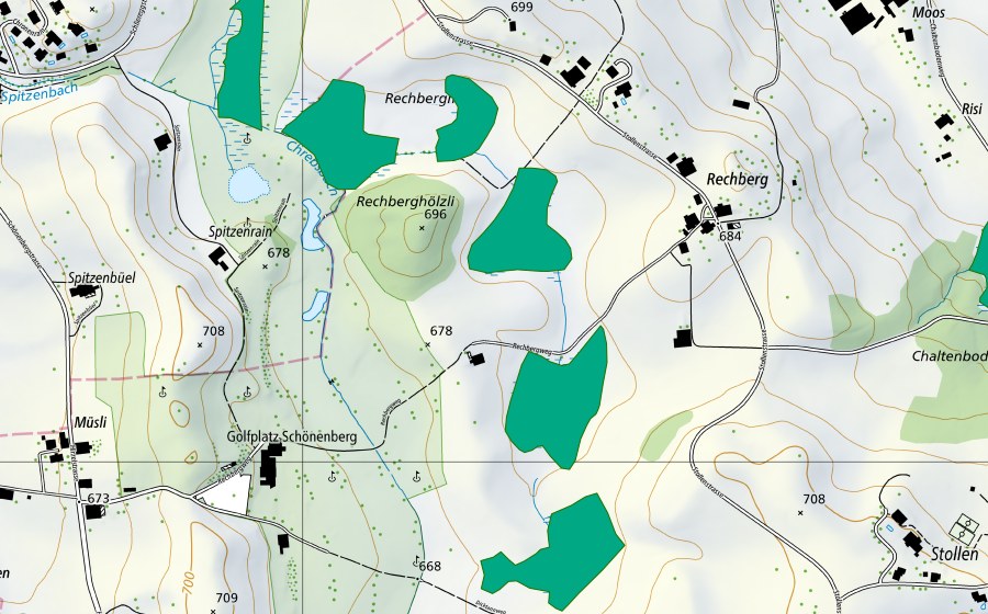 Carte nationale swisstopo avec le périmètre protégé de Rechbergmoosbachriede (Bas-marais)