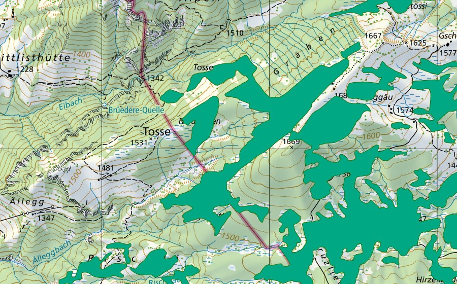 Carte nationale swisstopo avec le périmètre protégé de Riedboden (Bas-marais)