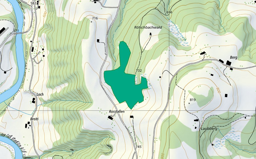 Carte nationale swisstopo avec le périmètre protégé de Riet bei Ganterschwil (Bas-marais)