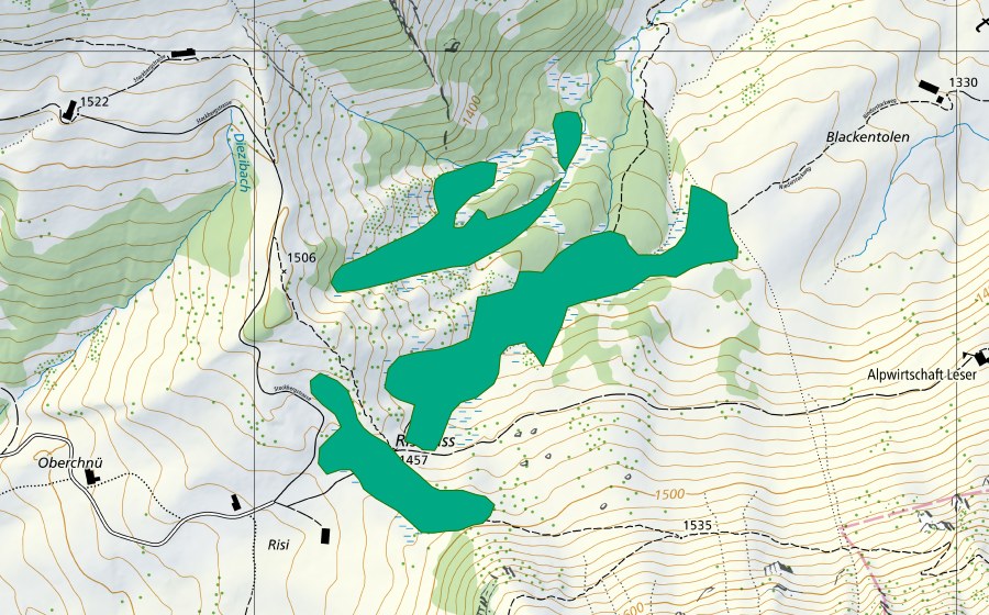 Carte nationale swisstopo avec le périmètre protégé de Risipass (Bas-marais)