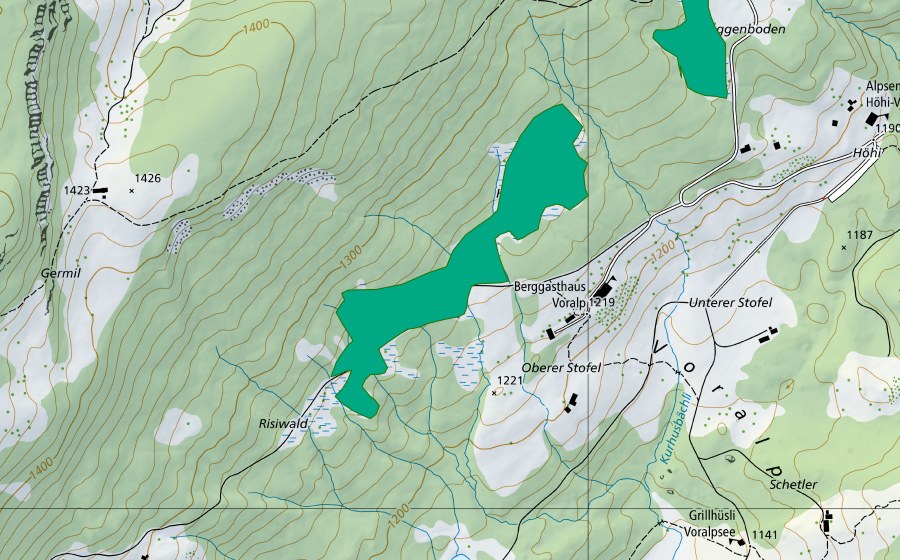 swisstopo national map showing the protected perimeter of Risiwald (Fen)